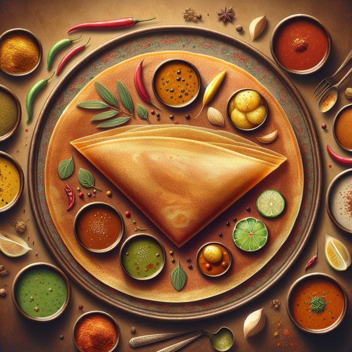 Masala Dosa – a thin, crispy crepe filled with a spiced potato filling and served with chutneys and sambar.